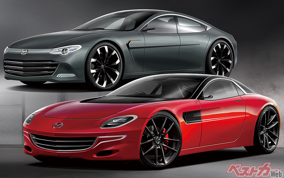 直6FRプラットフォームの目玉として期待されているMAZDA6(奥)とコスモ直系ラグジュアリークーペだが、現時点での情報では保留状態にあるもよう。マツダのブランド力アップのためにも、ぜひ実現してほしいクルマだが……(画像はベストカーによる予想CG)