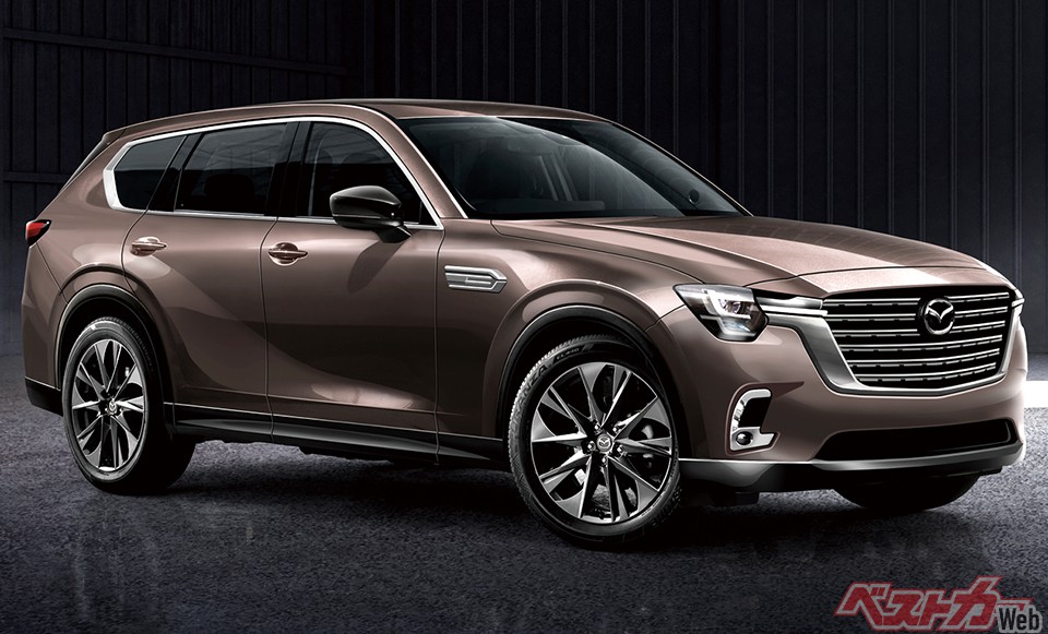CX-60に続いては3列シートのCX-80が登場予定。北米用のCX-70、CX-90も含めて直6FRプラットフォームは大型SUV専用で使われていくことになりそうだ(画像はベストカーによる予想CG)
