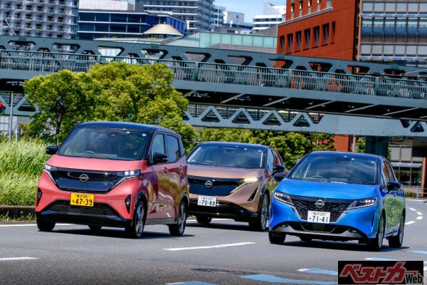 日産の元気の象徴、左からサクラ、アリア、ノート