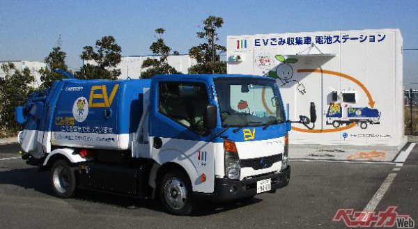 川崎市のEVごみ収集車（電池交換型）。充電に使用する電気は、ごみ焼却施設における廃棄物発電で得られる電気を使用しているという（川崎市のホームページより）