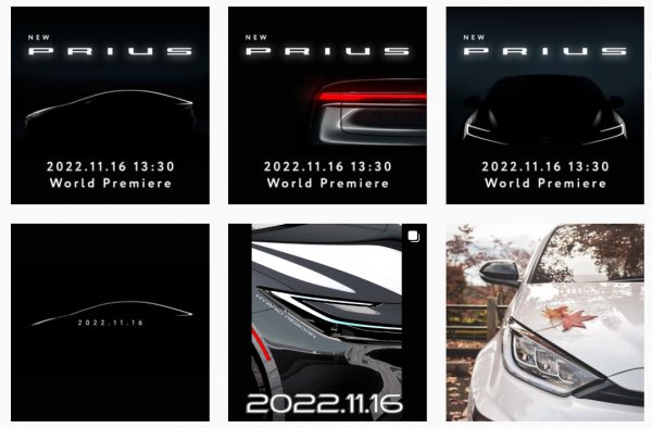 トヨタの公式Instagram、公式Twitterアカウントで、発表5日前から段階的に事前情報が公開された（右下はGRヤリス）