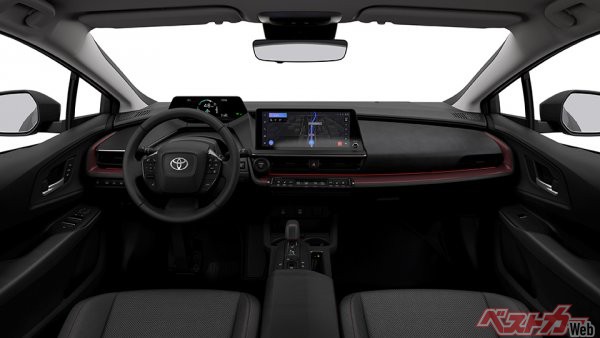 2022年11月に公開された新型トヨタ プリウスのインテリア。メーターはドライバー正面に移動し、ディスプレイモニターがセンター上部寄りへ