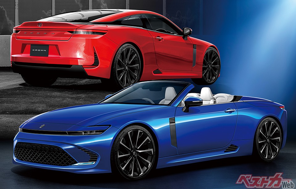 ベストカーによるトヨタ 新型クラウンクーペ(奥)&コンバーチブル(手前)の予想CG。世界40カ国で販売するクルマだけに、優雅なクーペとコンバーチブルはブランド力を引き上げる格好の題材となる