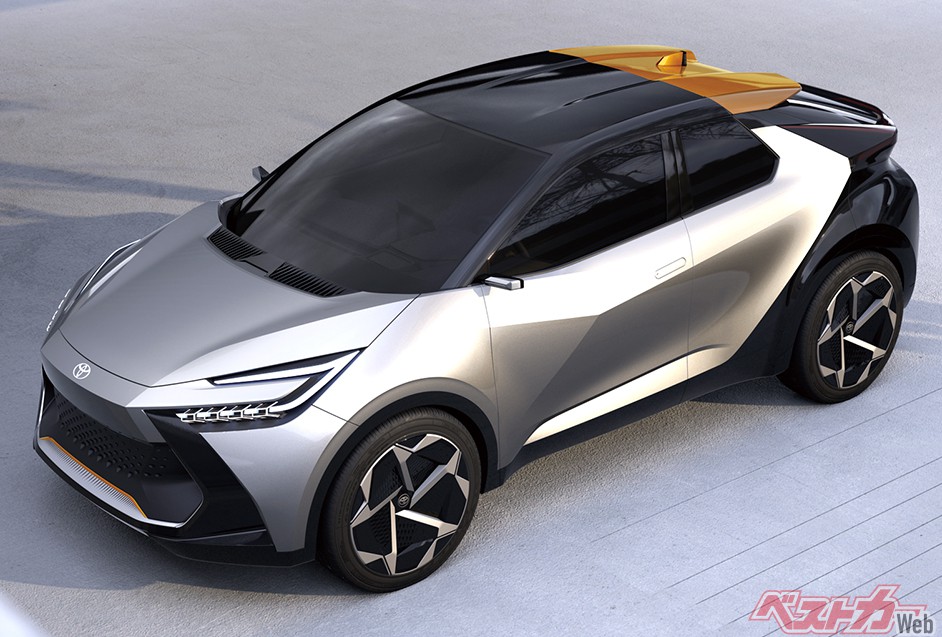 トヨタC-HR(2023年春登場予定・画像は欧州トヨタが公開した「C-HRプロローグ」)。フロントマスクはサメをイメージした「ハンマーヘッドデザイン」を採用。ボディサイズは拡大され、室内居住性は大きく改善されることになる