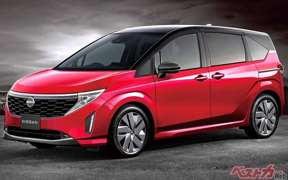日産 コンパクトミニバン(2023年春登場予定)。ノートをベースにハイトボディ&3列シート化し、後席スライドドアを採用したスモールミニバンが登場予定だ(画像はベストカーによる予想CG)