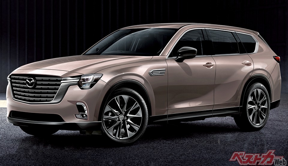 マツダ CX-80。CX-60で登場した最新の魂動デザインを踏襲。伸びやかなフロントノーズが高級感にあふれている(画像はベストカーによる予想CG)