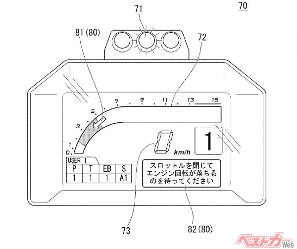 出願特許にあった図面。メーター上部のランプなどで3種類のモードの状態を示す
