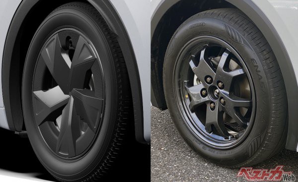 新型プリウスのUグレード用17インチアルミホイール（写真左）には、フルホイールカバーが装着されている。写真右のガンメタのアルミホイールも、デザイン性は高くてカッコ良い