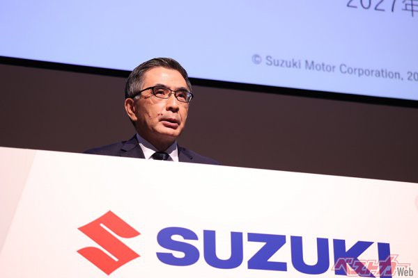 2023年1月26日に、2030年度に向けたスズキの成長戦略を発表した鈴木俊宏社長。日本では2050年の脱炭素達成を目指す