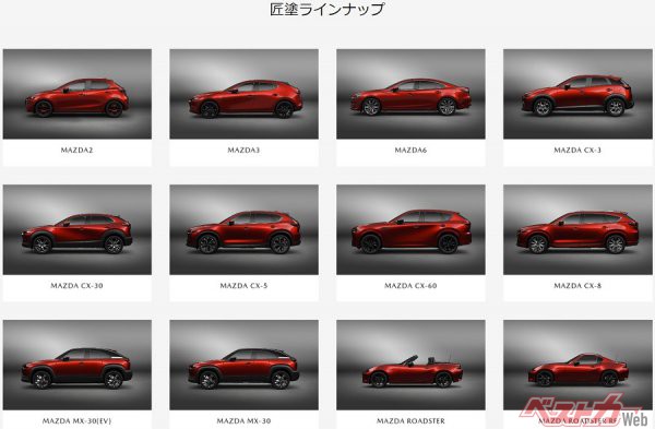 匠塗のラインアップ一覧。OEMを除いた全車が該当する。もっとも印象的なカラーは、匠塗第1号「ソウルレッドメタリック」だ。