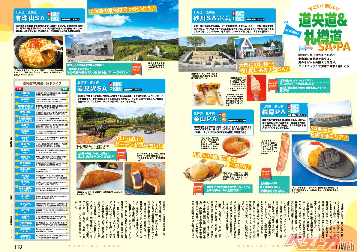 オススメSA・PAでは有珠山PAのほか砂川SA・輪厚PA・金山PA・岩見沢SAをピックアップ。全部食べたい