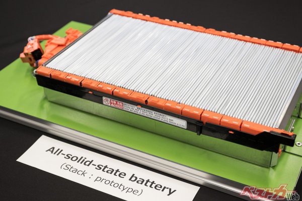 説明資料に掲示された「全固体電池」。電解質を個体にすることで（製造技術難度は高いが）高出力、長寿命、小型化を実現できる夢のような技術