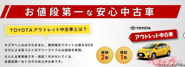 外観のキズや凹みは修理せず、期間限定でネット公開。そしてWeb注文による低コスト化でリーズナブルな価格を実現したTOYOTAアウトレット中古車