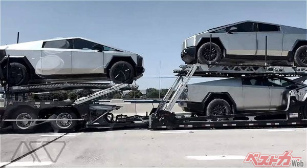 トランスポーターで輸送されるサイバートラック（TeslaconomicsのX投稿より）