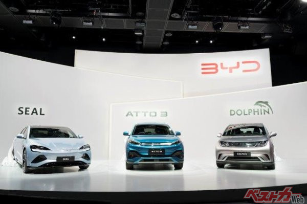 中国・BYDが、日本に導入する「SEAL(シール)」、「ATTO3(アットスリー)」、「DOLPHIN(ドルフィン)」。そのうち、アットスリーのみ販売中
