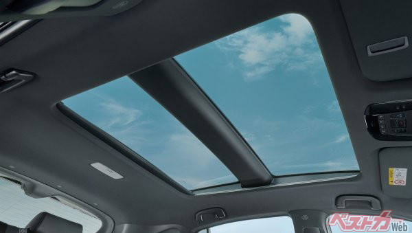 ハリアーに搭載されている、調光ガラスを用いた電動シェード付パノラマルーフ　障子越しのような柔らかい光が車内に届く。写真は調光状態