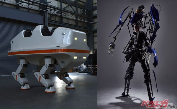 「東京フューチャーツアー」では、従来の自動車関連産業だけでなく、さまざまな業種から177社の企業が参加して、未来のモビリティが体験できる。画像左は三精テクノロジーズの四足歩行ロボット。画像右は株式会社ロボットライドの動作拡大スーツ「スケルトニクス」。カッコよすぎる