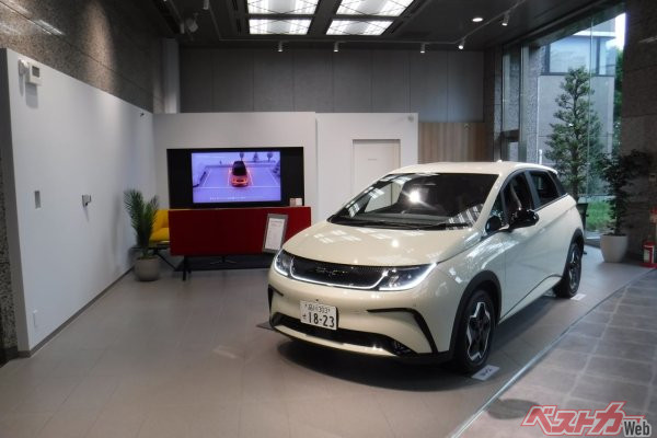 ショールームはフロント側と奥側の2つに分かれDOLPHINとATTO3を常時展示。試乗車も用意されている<br>