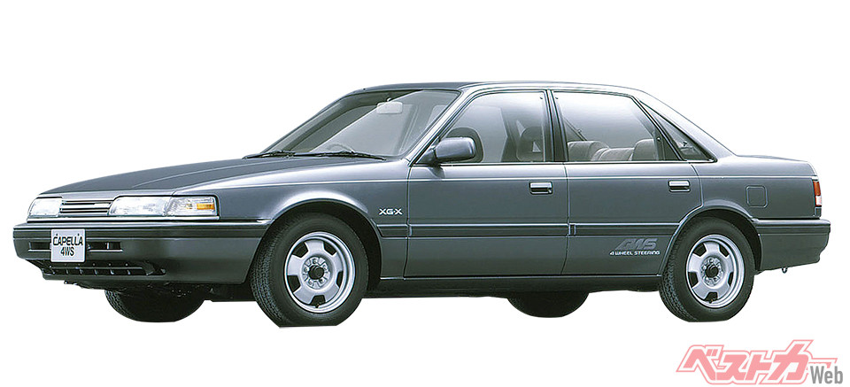 マツダ 5代目カペラ(1987~1997年)。海外にファンの多いクルマ。西ドイツでは、オートモーター・ウント・スポルト誌の「読者が選ぶインポート・カー・オブ・ザイヤー」に連続選出されました