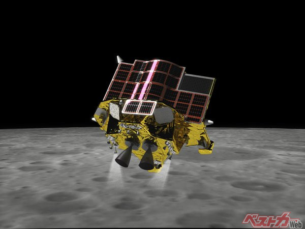 これが着陸に成功したSLIMのイメージ図。実際には月面に上下逆で降り立っている