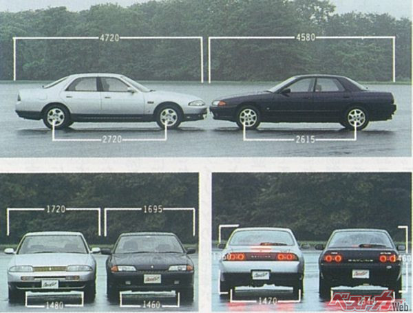 セダン同士の比較。右がR32型で左がR33型