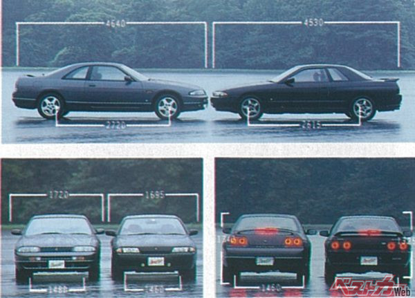 クーペ同士の比較。右がR32型で左がR33型