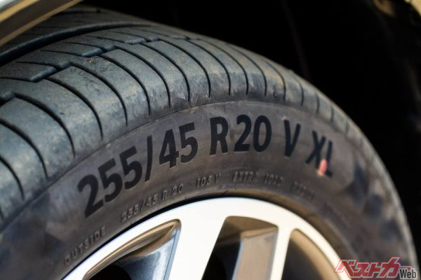 タイヤ幅を示す255に扁平率を記す45。その次に多くのクルマで表示されているのがRの文字である（Roman@Adobe Stock）