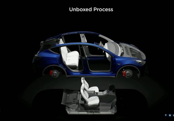車体を6つのモジュールに分けて作るテスラのアンボックスドプロセス（Tesla YouTubeより）