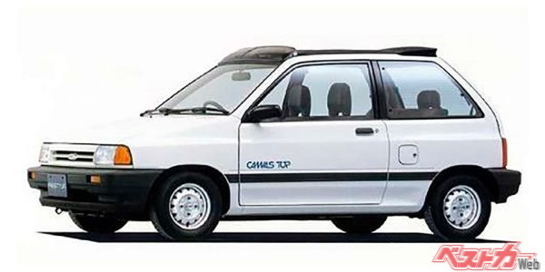 1986年12月登場のフォード（日本フォード）フェスティバ。マツダが当時のオートラマ店で販売しており、日本初の電動キャンバストップを採用していた