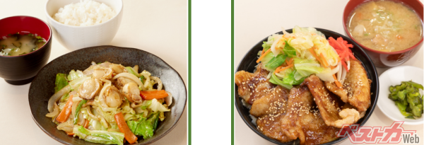 「道産ホタテの塩野菜炒め定食」（左）と「いわて豚丼 ハーフ豚汁付き」（右）