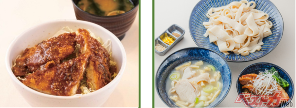 「上州下仁田ねぎ味噌カツ丼」（左）と「彩の国タマシャモの鶏塩つけ汁うどん」（右）