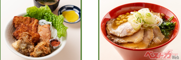 「新潟うま辛丼」（左）と「信州コク味噌チャーシュー麺」（右）