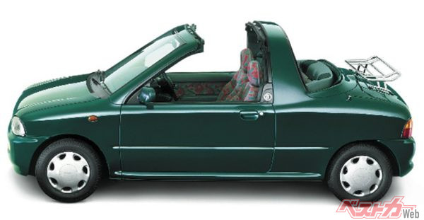 ヴィヴィオ T-TOP…富士重工40周年を記念して3000台限定で発売されたタルガトップモデル。リアウィンドウは電動格納式で高田工業がトップ部分を製作した