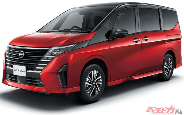 セレナ ハイウェイスターV ボディカラー カーディナルレッド／スーパーブラック 2トーン（2022年11月 フルモデルチェンジ発表時の公式画像より）