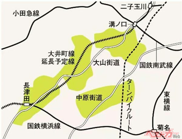東急の作成した「城西南都市位置図」。破線でターンパイクのルートが記されている（「東急100年史」Web版より）
