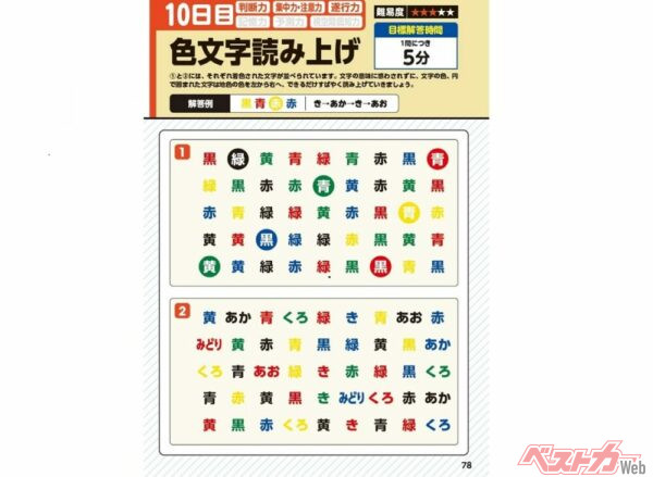 「2週間ドリル」の一例。文字に惑わされずに「文字の色」をテンポよく読みあげる出題。あなたもぜひチャレンジ！