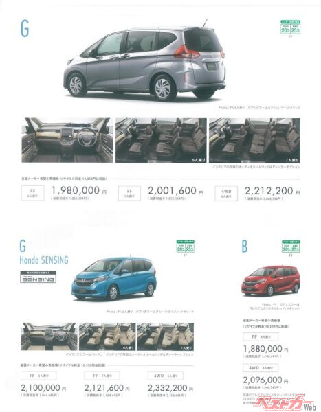 先代フリード（MC前）、ガソリン車はこの3グレード。下右の「B」グレードの価格はおったまげの188万円だッ!!