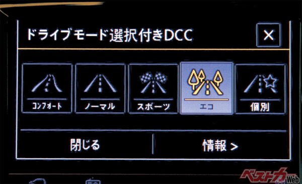 DCCのオン/オフスイッチはDSGのシフトレバー左側。画面上でコンフォート、ノーマル、スポーツ、エコ、個別（各種のモードを自由に設定）を設定できる