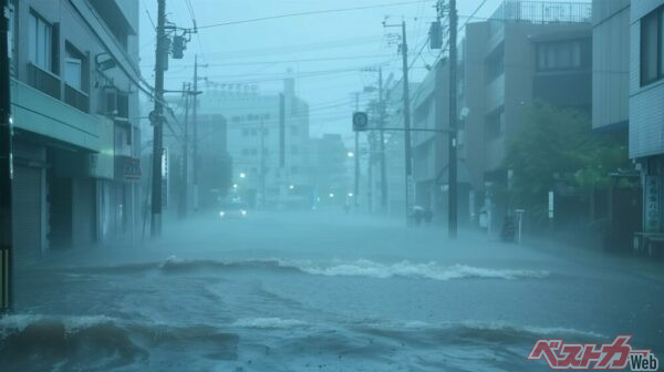 短時間で道路が冠水してしまうこともある。運転中に遭遇したら、まずはとにかくクルマを停止させよう（PHOTO:Adobe Stock_bephoto）