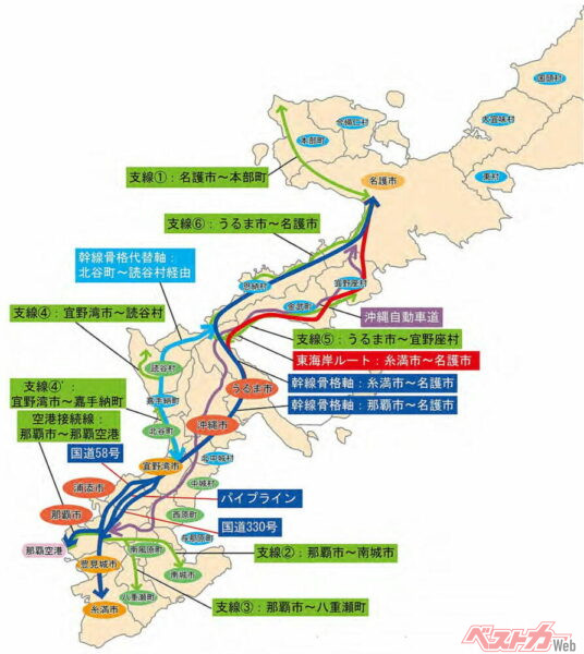 内閣府が構想する沖縄の新交通網。那覇から名護は普通鉄道（濃い青線）で結ぶ