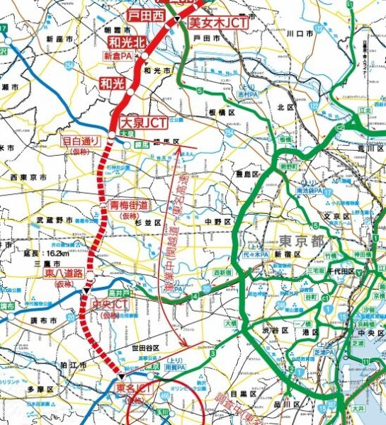 「外環道」こと東京外かく環状道路。関越道～東名高速区間は、大深度地下トンネルとして着工されたが、現在は工事を中断している（出典：国土交通省）