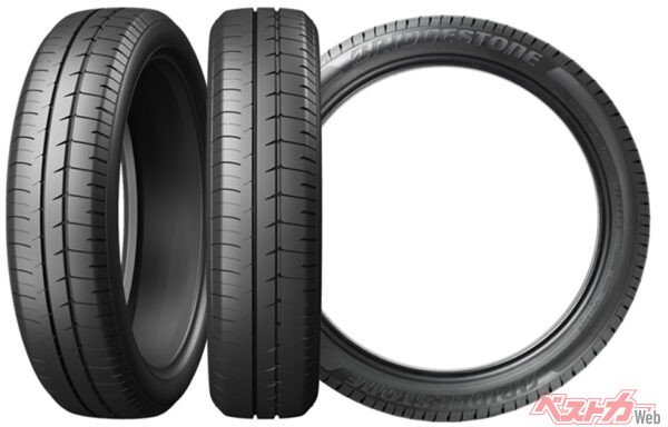 これがブリヂストンの幅狭大径タイヤ。サイズは155/55R19で転がり抵抗を30%低減。また幅狭化により空気抵抗を3.7%低減している