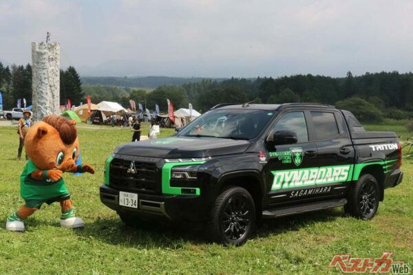 ダイナボアーズのマスコットダイボ君と三菱トライトン