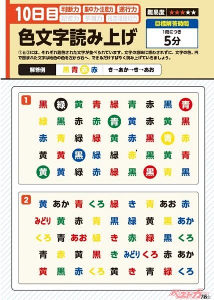 脳神経内科専門医の塚本 浩先生監修のもと、作製された「脳活ドリル」のひとつ。例えば1番。横の行の1行目。左から右へ「赤→黒→緑……」とテンポよく読み上げるというもの。まさに、脳が鍛えられそうです!!