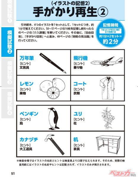 「認知機能検査」と同様のものがコレ。このようなイラスト合計16枚を約4分間で記憶し、「何が描かれていたか？」を解答する出題内容。高齢者にとっては意外と難しい～