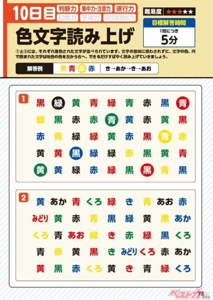 こちらも脳活ドリルのひとつ「色文字読み上げ」。文字の色をテンポよく読み上げるというもの。これは、脳が活性化されます!!