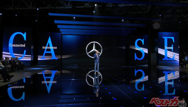 2016年のパリモーターショーでベンツは中長期戦略「CASE」［Connected（コネクテッド）、Autonomous（自動運転）、Shared ＆ Services（カーシェアリングとサービス）、 Electric（電気自動車）］を発表