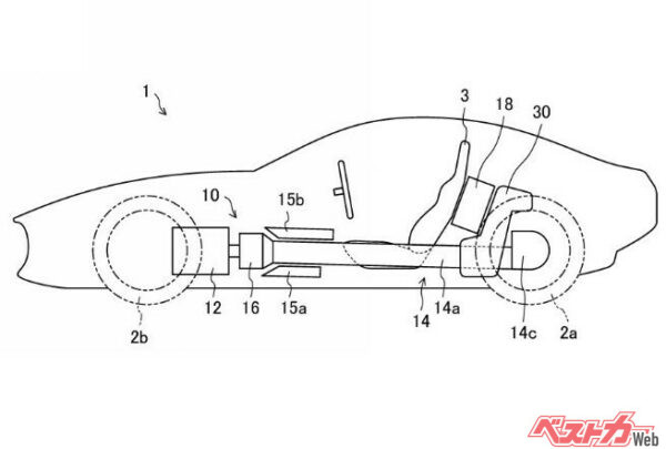 2024年6月10日、マツダが「車両用駆動システム」の特許を登録。12：駆動用ロータリーエンジン、14c：トランスミッション、18：バッテリー