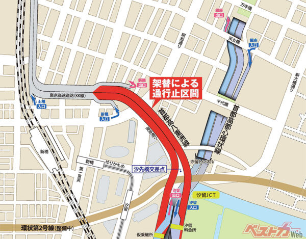 架替による通行止区間を表した地図