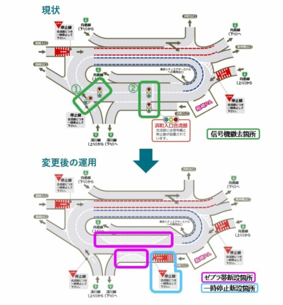 「安全な交通運用を図る」ため、箱崎ロータリーの信号機は撤去された。上が撤去前、下の図が現状となっている（資料は2024年11月25日のもの）